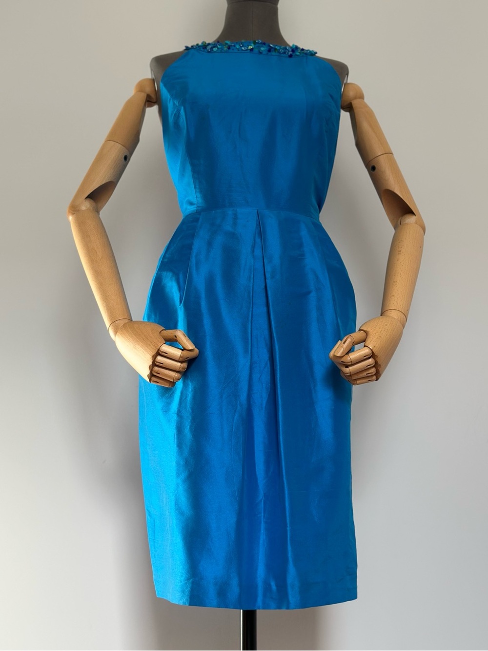 Silk Turquoise Sleeveless Beaded Dress Tulip Skirt - Picture 5 of 17